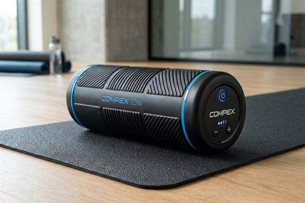 Rouleau de massage vibrant Compex Ion noir texturé avec détails bleus